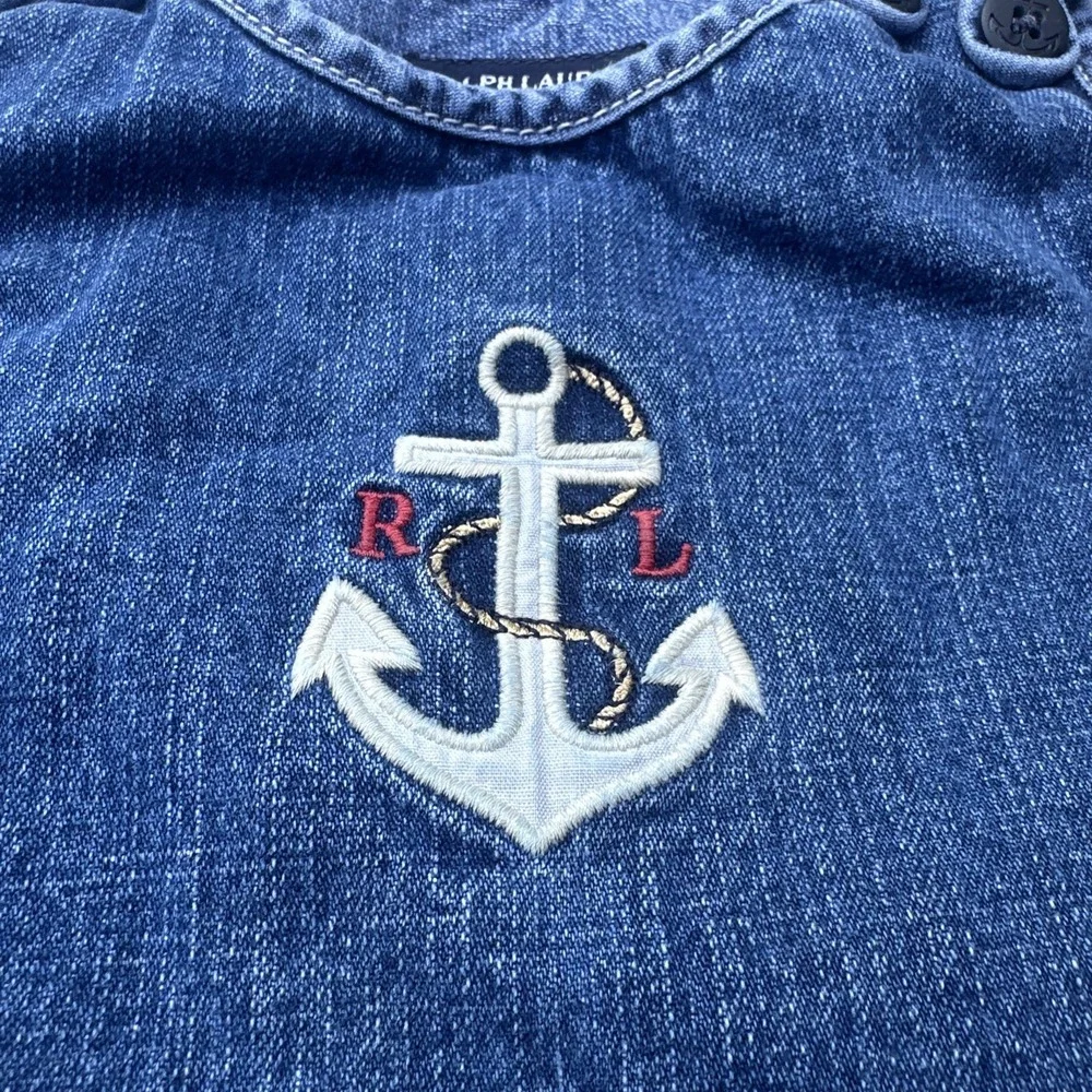 VTG Ralph Lauren Denim Overall Dress Size 18M Baby Girls Blue Jumper Anchor Logo